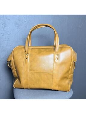 Vintage 1960's-1970's Overnight Travel Bag Golden Brown Faux Leather Weekender
